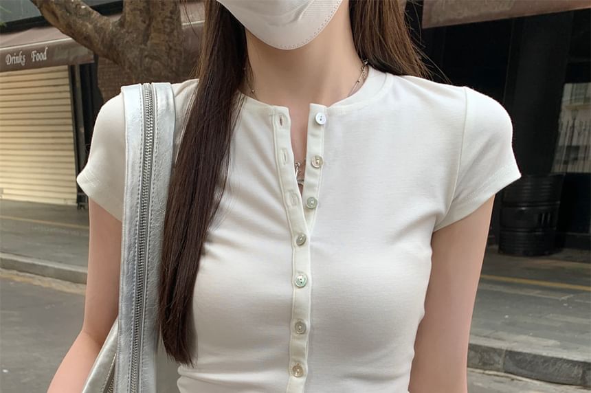 Button-Front Round Neck Fitted Tee -