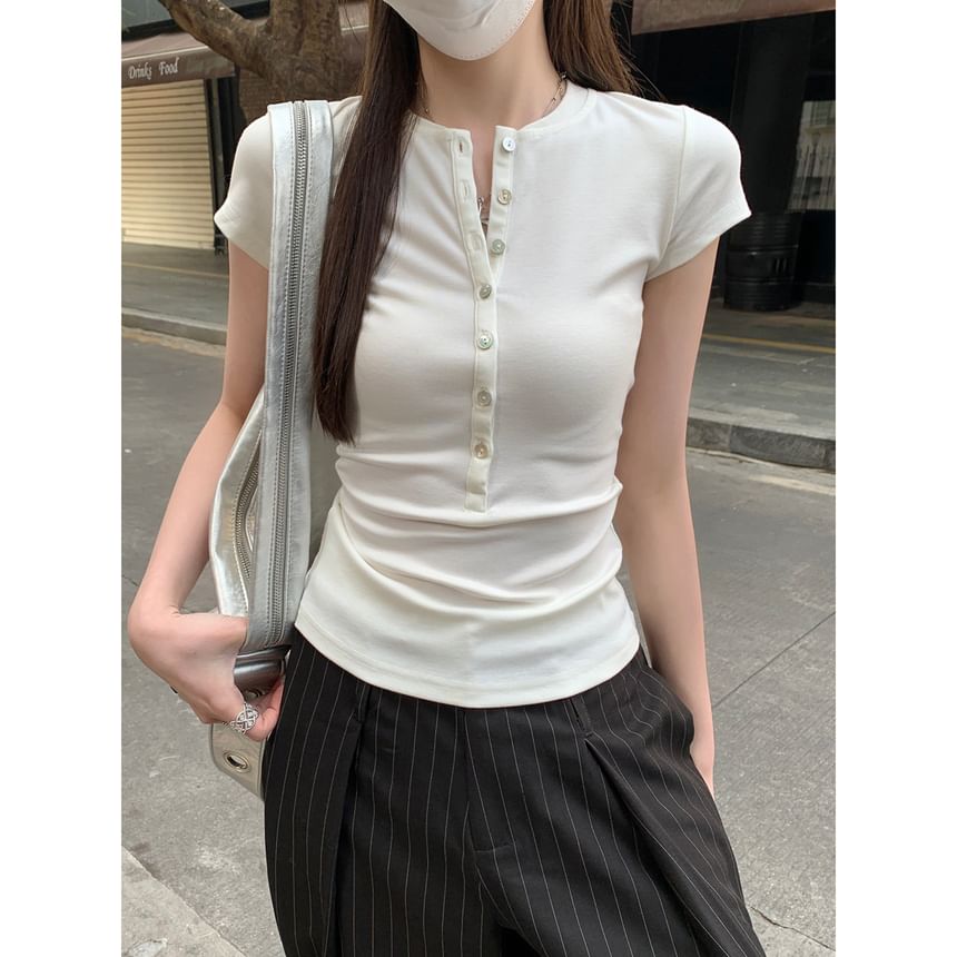 Button-Front Round Neck Fitted Tee -