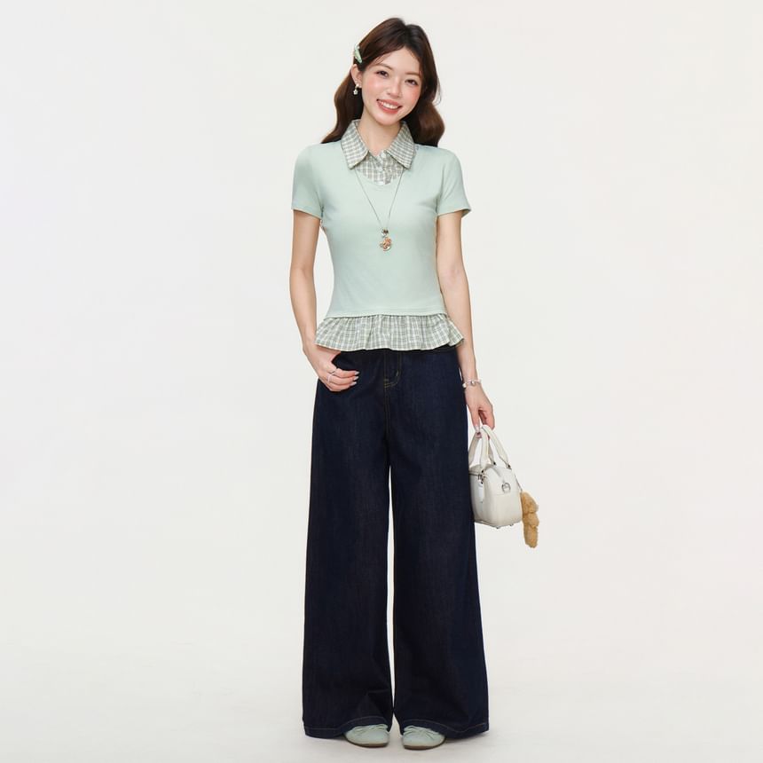 Plaid Panel Mock Two-Piece Ruffled Hem Top -