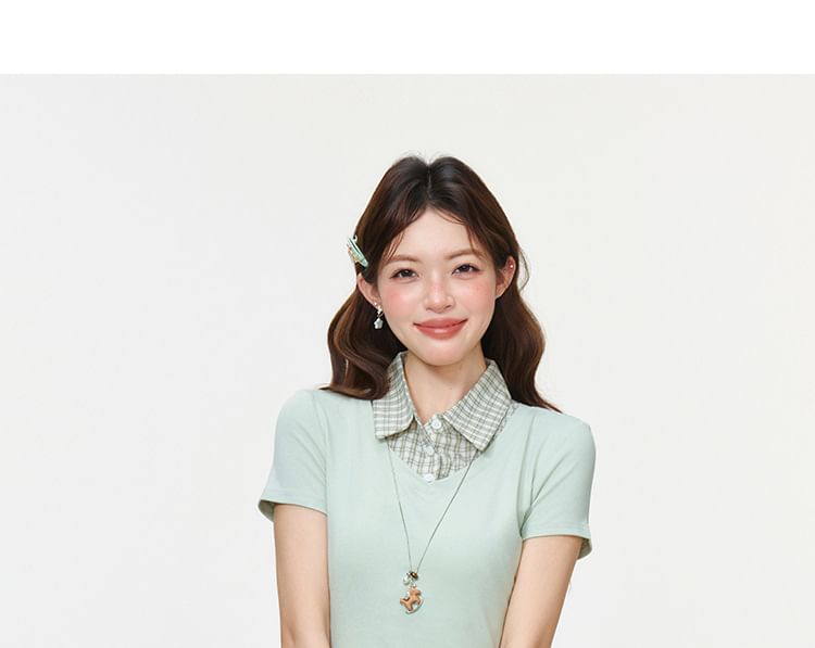 Plaid Panel Mock Two-Piece Ruffled Hem Top -