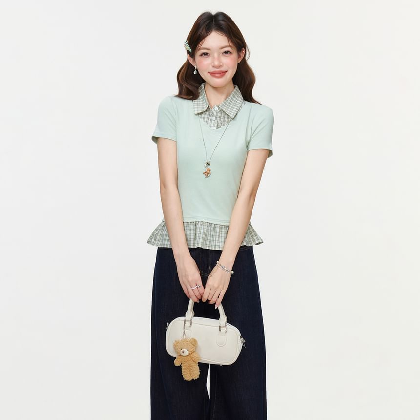 Plaid Panel Mock Two-Piece Ruffled Hem Top -