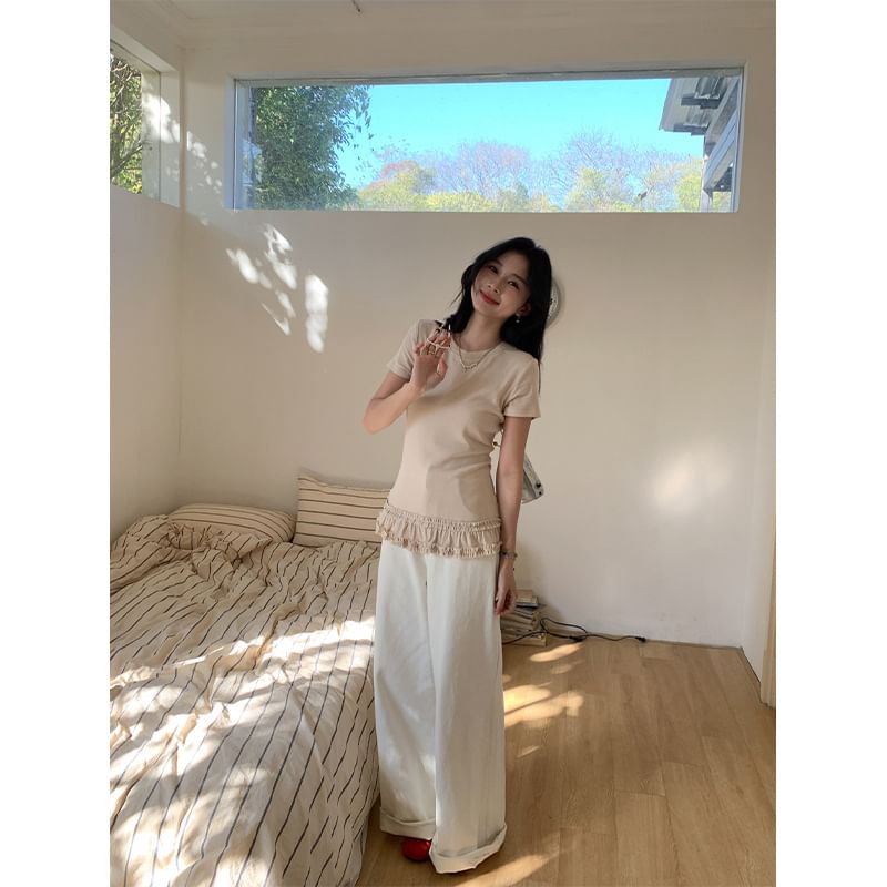 Ruffled Hem Round Neck Tee -
