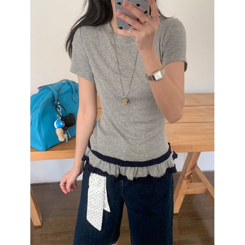 Ruffled Hem Round Neck Tee -