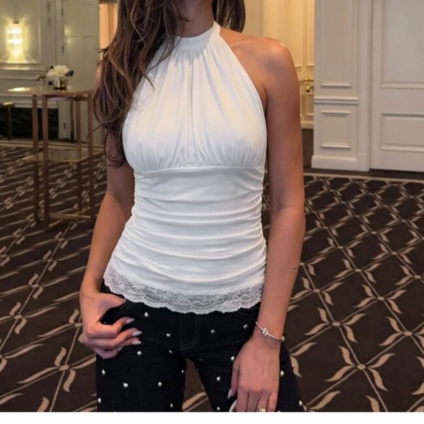 Lace-Trim Ruched Halter Crop Top -