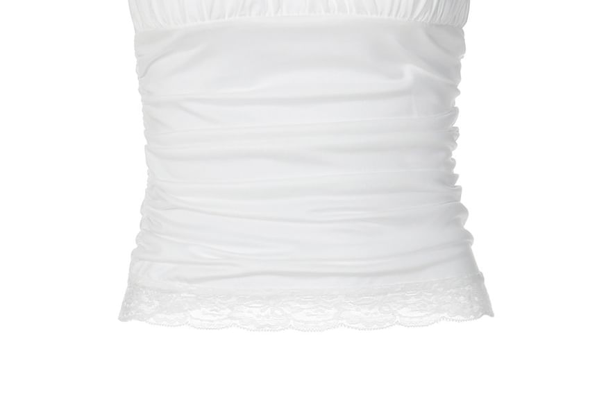 Lace-Trim Ruched Halter Crop Top -