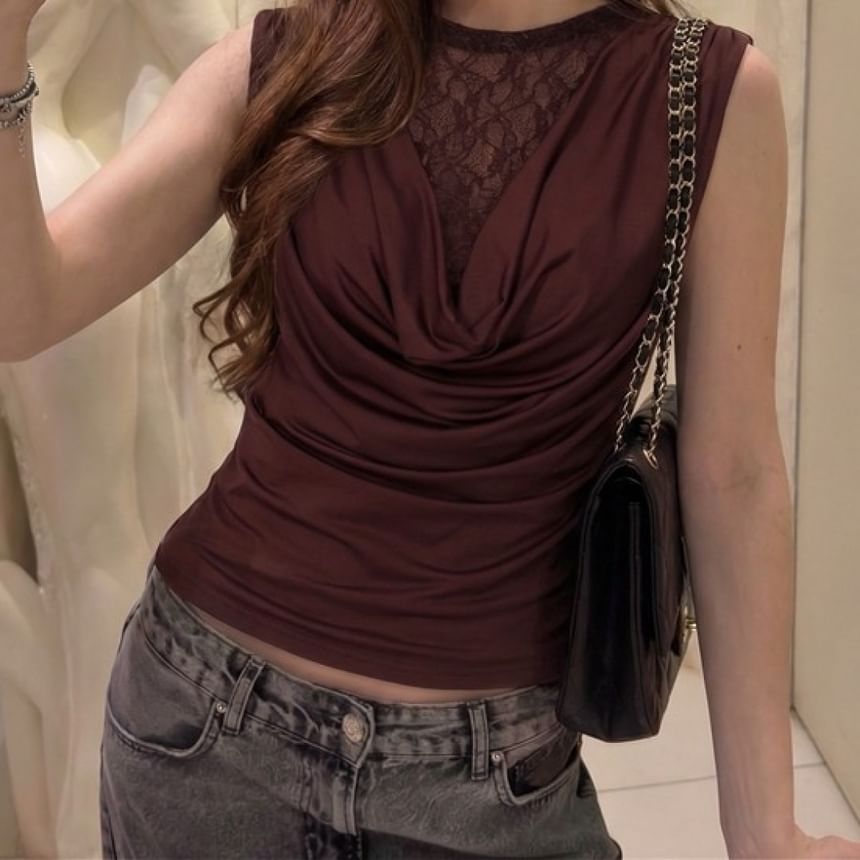Ruched Cowl Neck Lace Trim Tank -