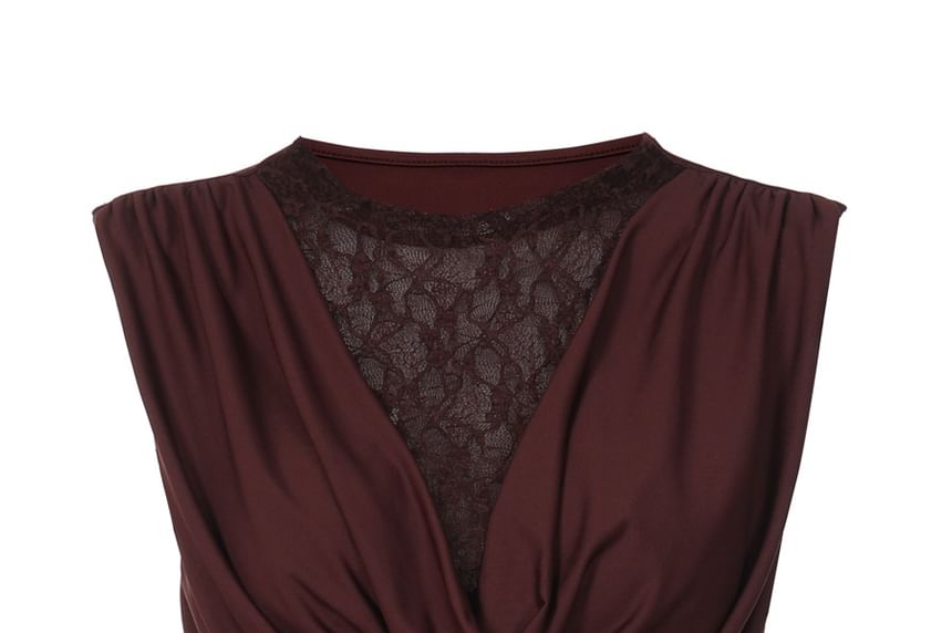 Ruched Cowl Neck Lace Trim Tank -