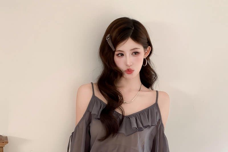 Sheer V-Neck Ruffle Blouse with High-Waist Tiered Skirt Set