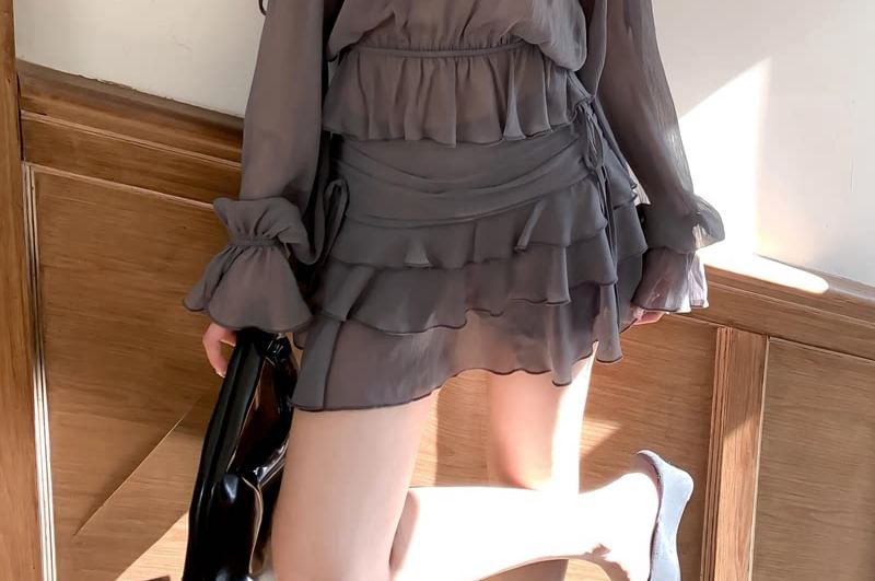 Sheer V-Neck Ruffle Blouse with High-Waist Tiered Skirt Set