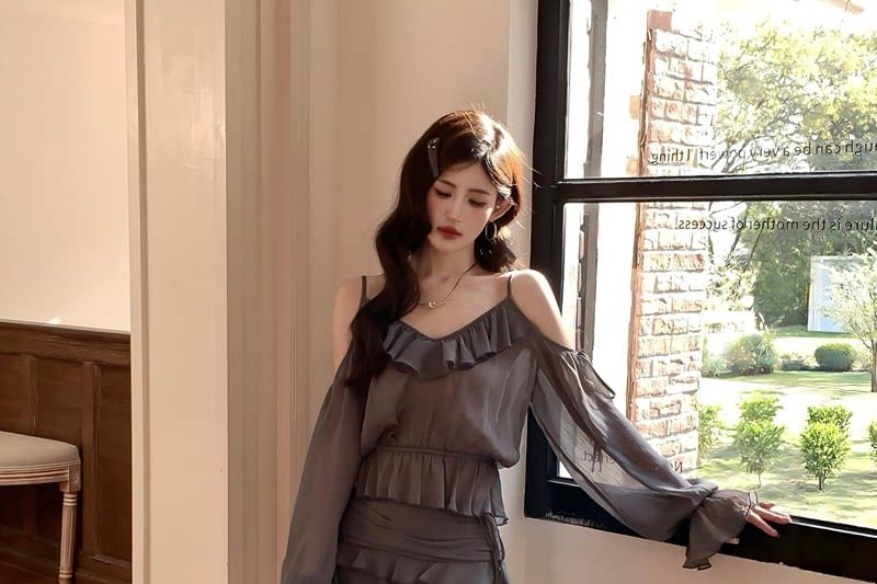 Sheer V-Neck Ruffle Blouse with High-Waist Tiered Skirt Set