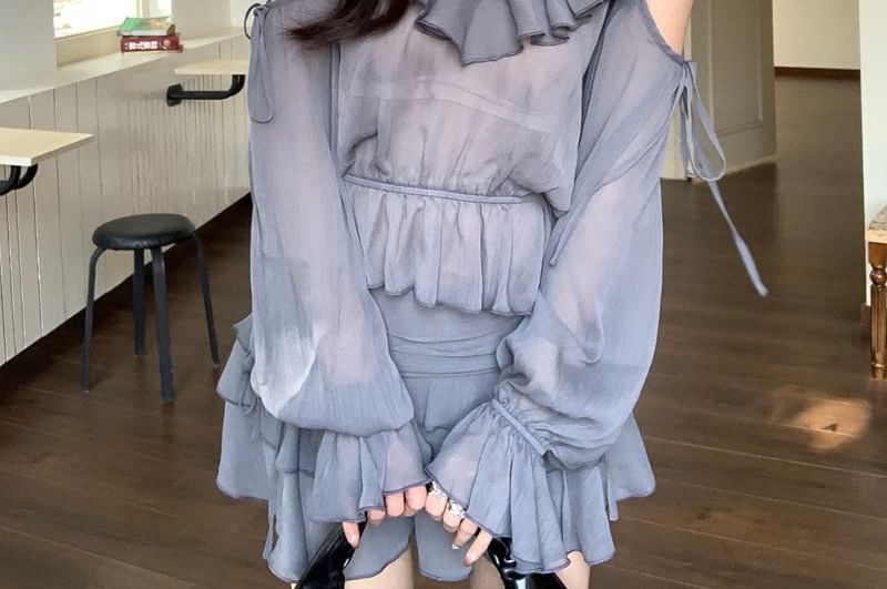 Sheer V-Neck Ruffle Blouse with High-Waist Tiered Skirt Set