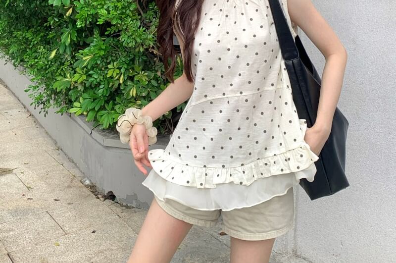 Polka Dot Ruffled Crew Neck Tank -