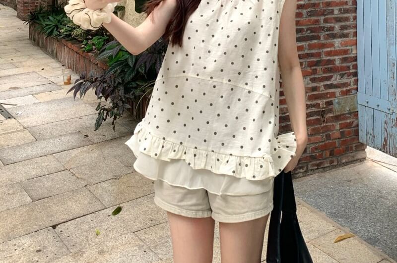 Polka Dot Ruffled Crew Neck Tank -