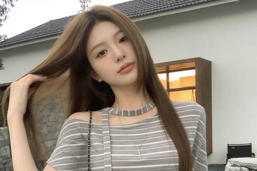 Off-Shoulder Striped Tee & Scarf Set -