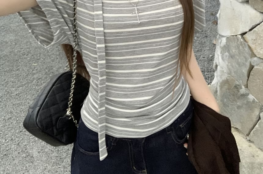 Off-Shoulder Striped Tee & Scarf Set -