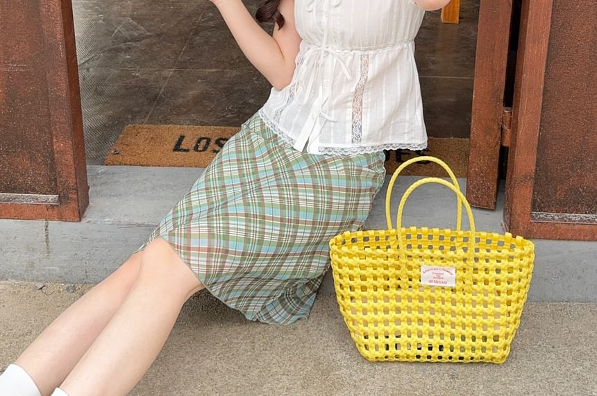 Lace Trim Crop Blouse & Plaid Skirt Set -