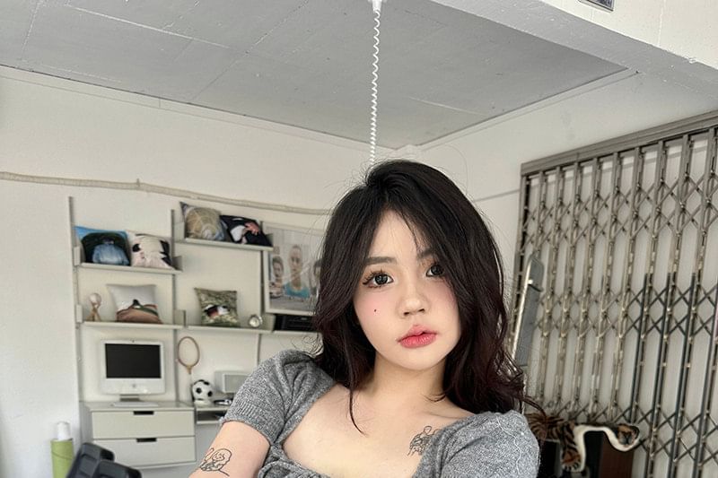 Ruched Square-Neck Short-Sleeve Knit Crop Top