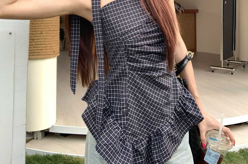 Plaid Ruched Camisole & Scarf Set -