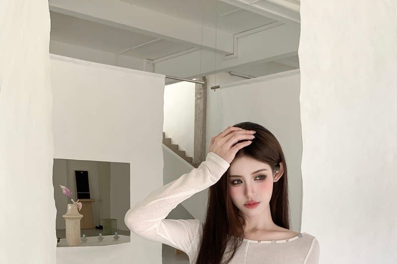 Sheer Boatneck Long-Sleeve Solid Top