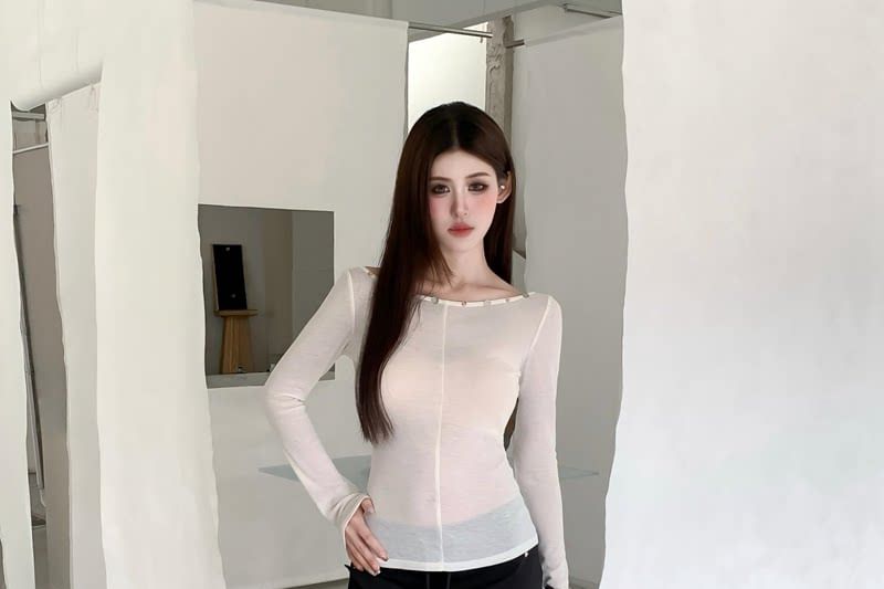 Sheer Boatneck Long-Sleeve Solid Top