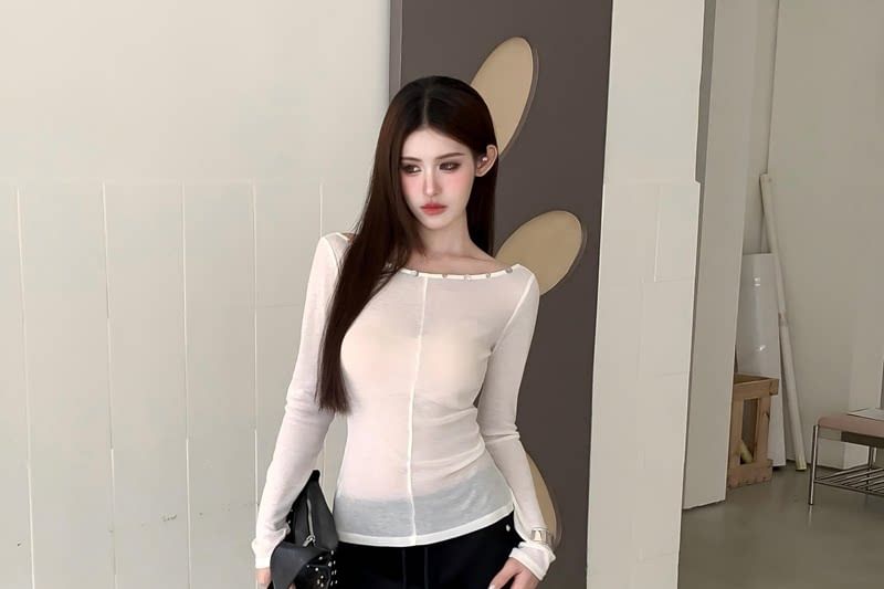 Sheer Boatneck Long-Sleeve Solid Top
