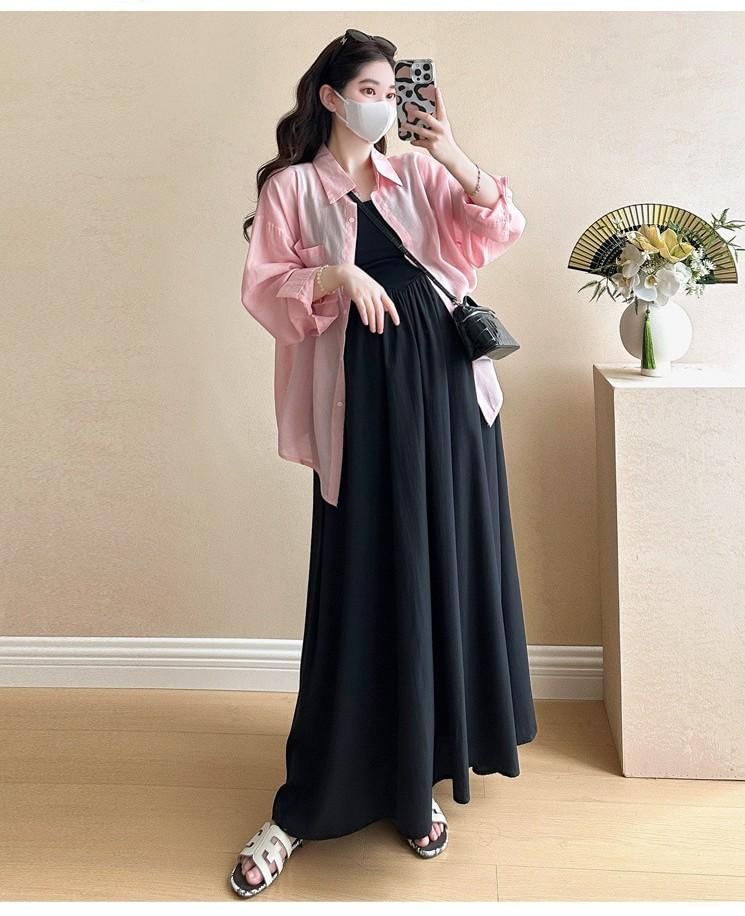 Versatile Maternity Shirt and Sleeveless Square Neck Maxi Dress