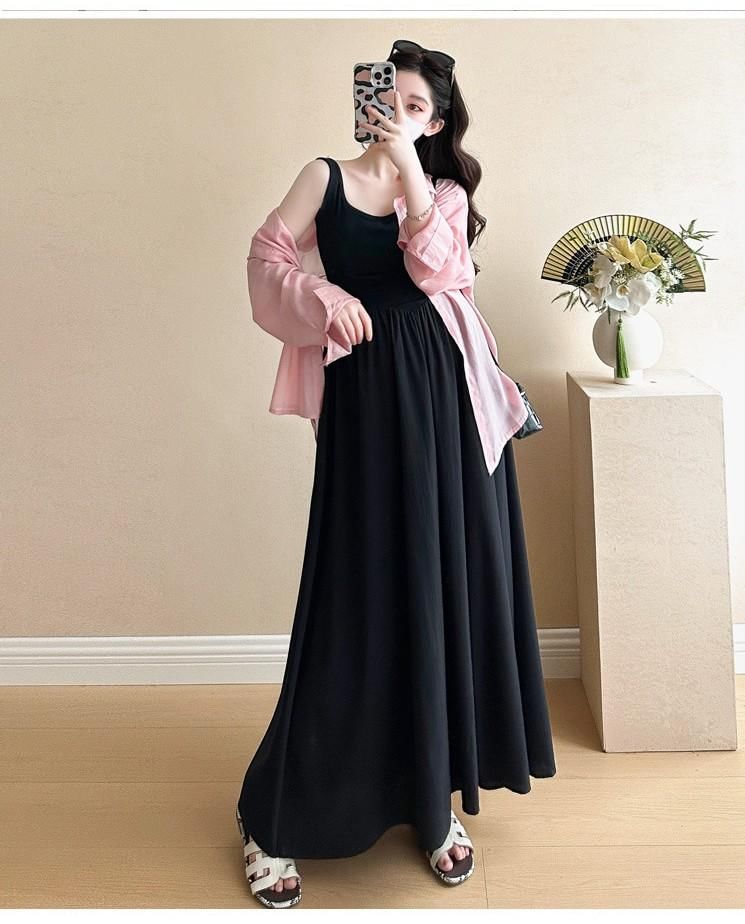 Versatile Maternity Shirt and Sleeveless Square Neck Maxi Dress
