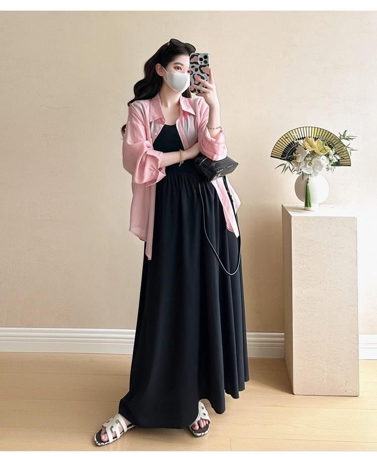 Versatile Maternity Shirt and Sleeveless Square Neck Maxi Dress