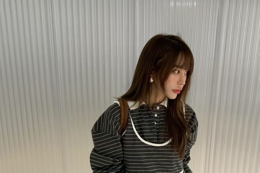 Striped Polo Shirt and Crop Tank Two-Piece Set