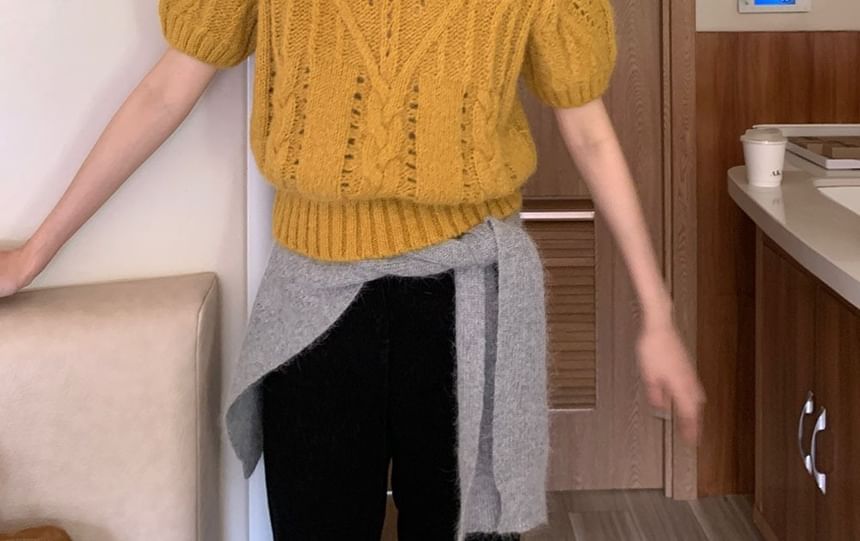 Perforated Puff-Sleeve Crew-Neck Knit Top
