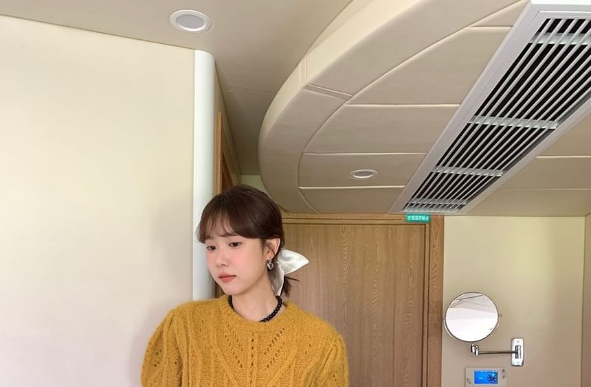 Perforated Puff-Sleeve Crew-Neck Knit Top