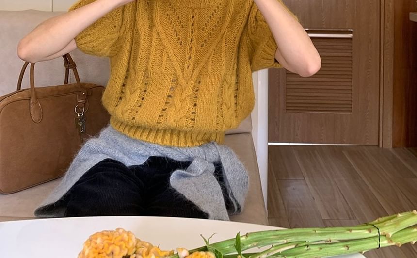 Perforated Puff-Sleeve Crew-Neck Knit Top