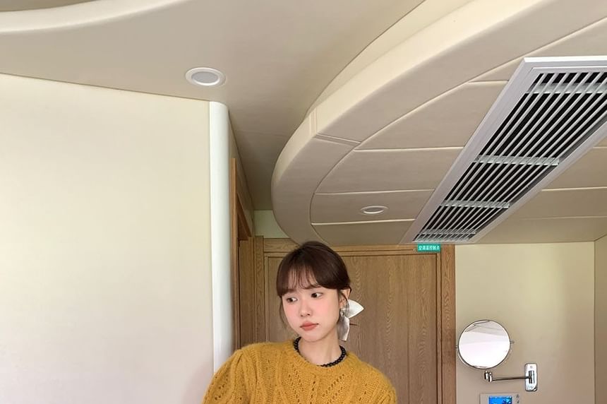Perforated Puff-Sleeve Crew-Neck Knit Top