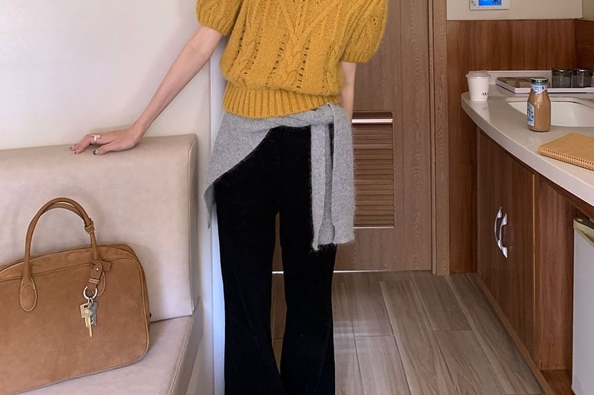 Perforated Puff-Sleeve Crew-Neck Knit Top