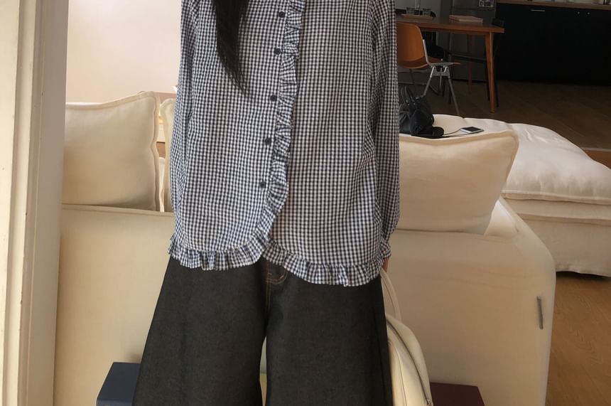 Gingham Peter Pan Collar Long-Sleeve Button Shirt