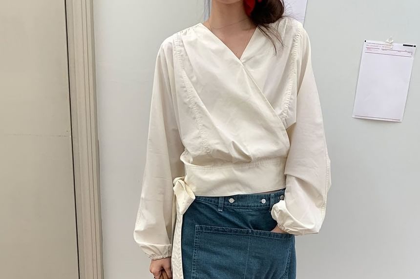 Wrap-Style V-Neck Long-Sleeve Tie-Waist Blouse