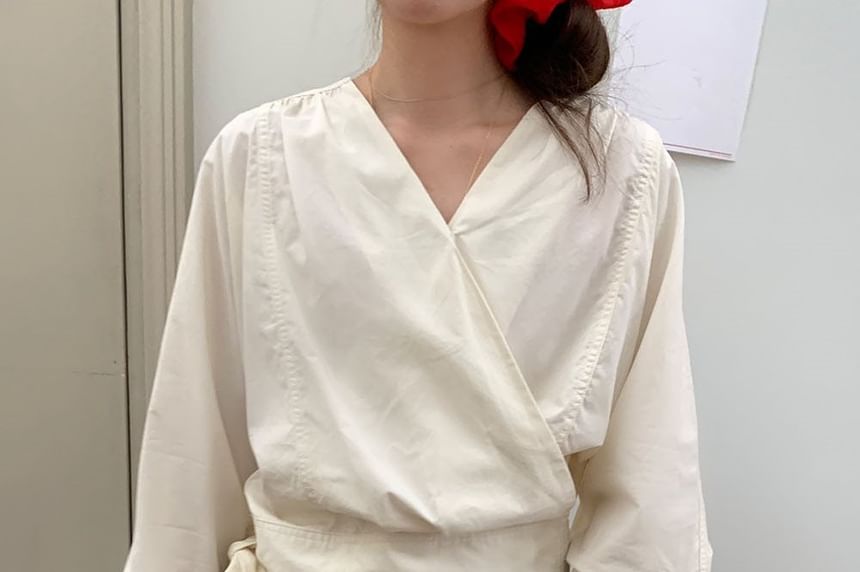 Wrap-Style V-Neck Long-Sleeve Tie-Waist Blouse