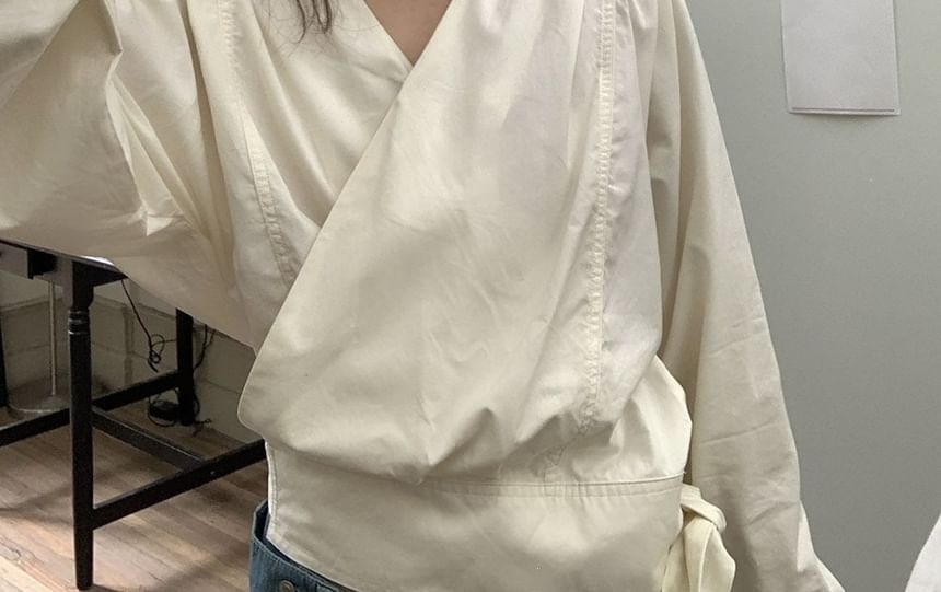 Wrap-Style V-Neck Long-Sleeve Tie-Waist Blouse