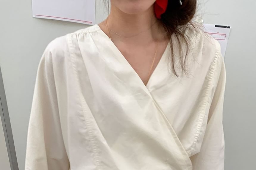 Wrap-Style V-Neck Long-Sleeve Tie-Waist Blouse