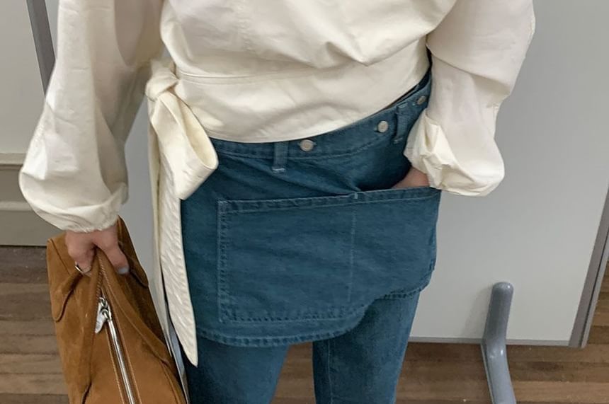 Wrap-Style V-Neck Long-Sleeve Tie-Waist Blouse