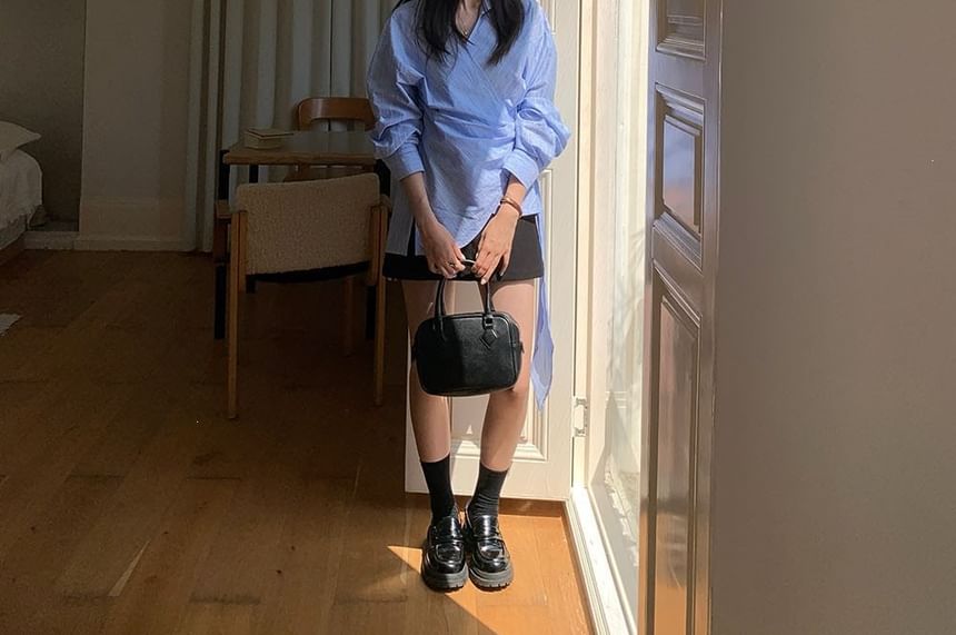 Asymmetric Collared Striped Wrap Blouse with Tie Waist