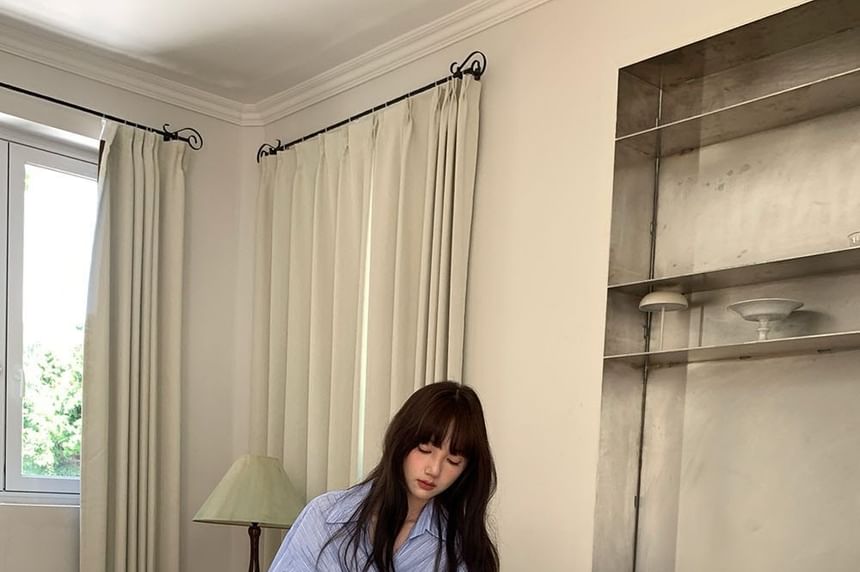Asymmetric Collared Striped Wrap Blouse with Tie Waist