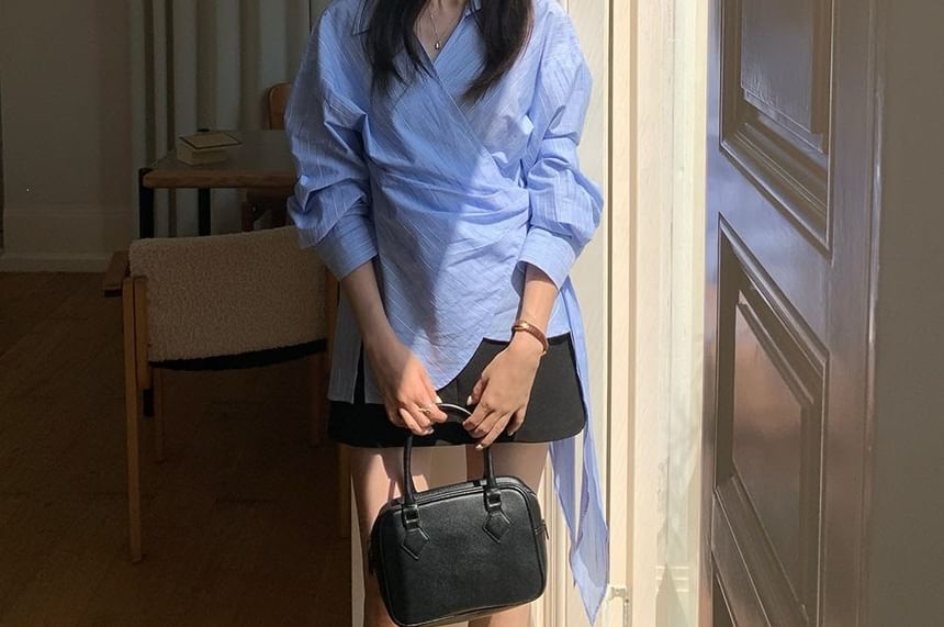 Asymmetric Collared Striped Wrap Blouse with Tie Waist