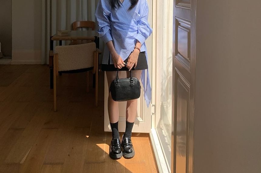 Asymmetric Collared Striped Wrap Blouse with Tie Waist