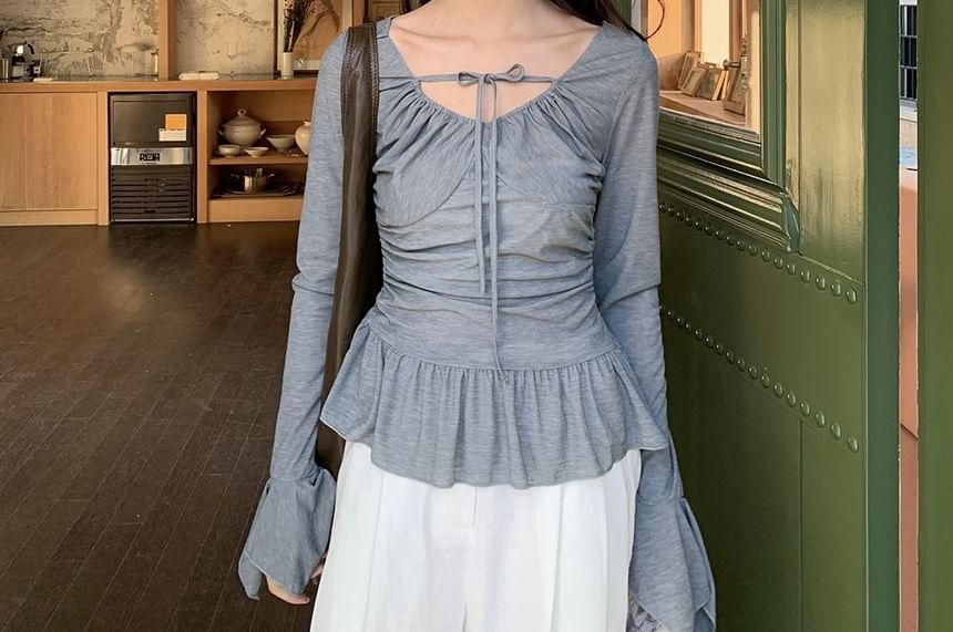 Ruched Halter-Neck Long-Sleeve Ruffle-Hem Tee