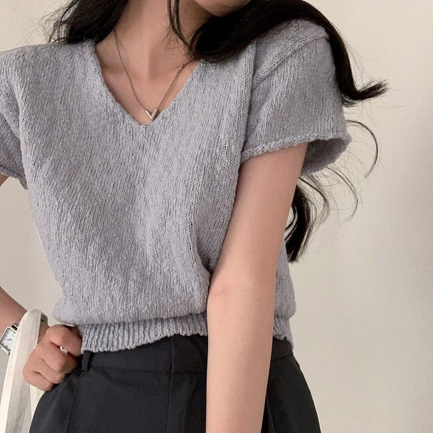 Solid V-Neck Short-Sleeve Knit Crop Top