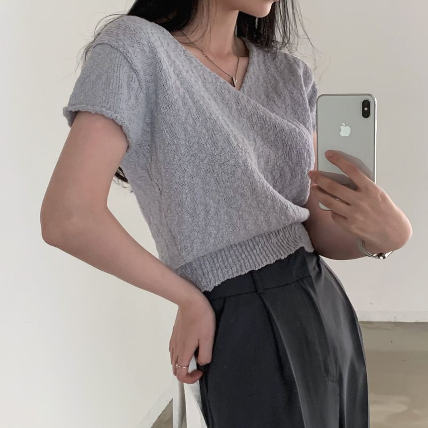 Solid V-Neck Short-Sleeve Knit Crop Top