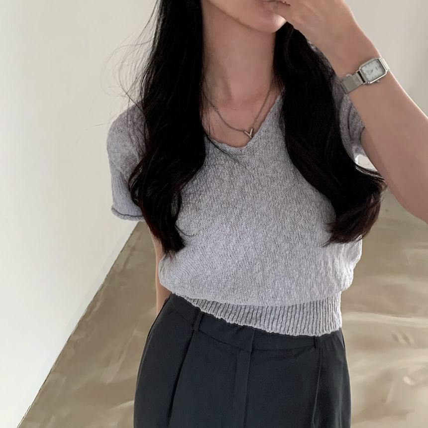 Solid V-Neck Short-Sleeve Knit Crop Top