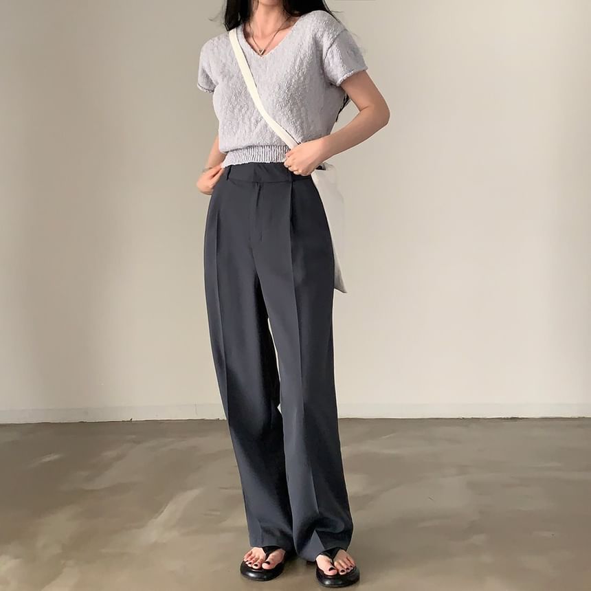 Solid V-Neck Short-Sleeve Knit Crop Top