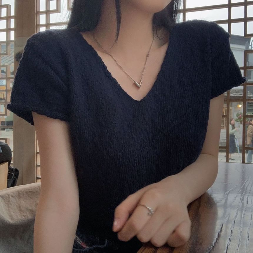Solid V-Neck Short-Sleeve Knit Crop Top